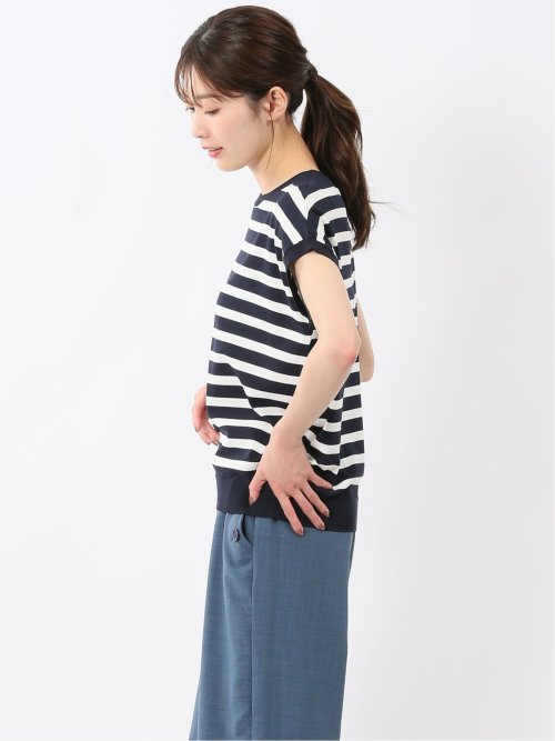 快適機能 ボーダー フレンチ袖 クルーニット