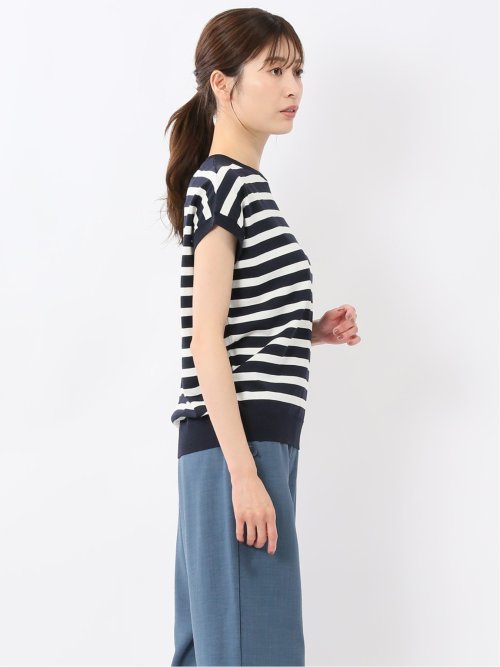 快適機能 ボーダー フレンチ袖 クルーニット