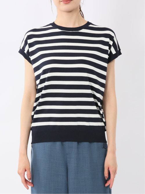 快適機能 ボーダー フレンチ袖 クルーニット