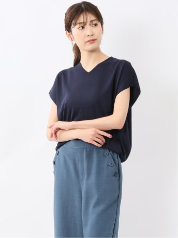 快適機能 無地 フレンチ袖 Vネックニット