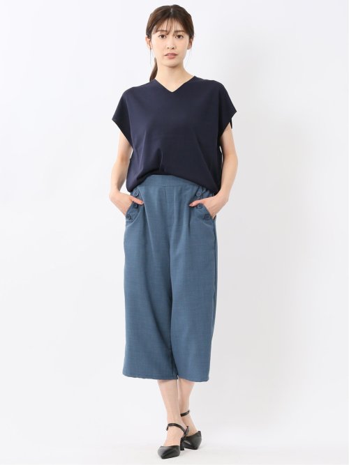 快適機能 無地 フレンチ袖 Vネックニット