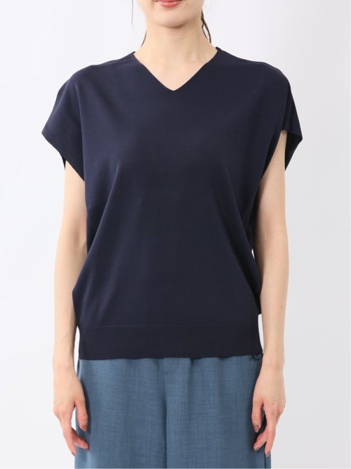 快適機能 無地 フレンチ袖 Vネックニット