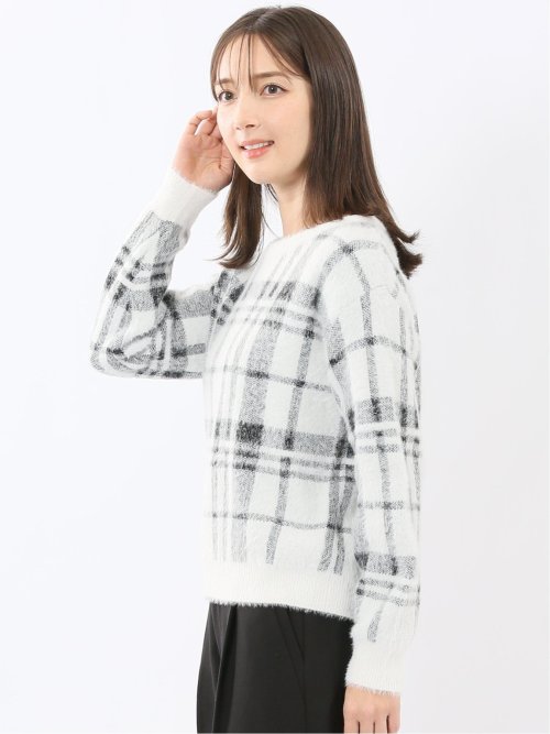 ウォッシャブル フェザーチェック クルーニットプルオーバー