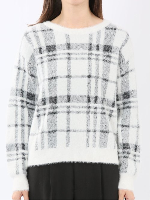 ウォッシャブル フェザーチェック クルーニットプルオーバー