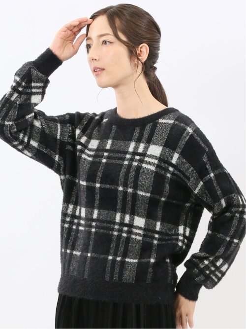 ウォッシャブル フェザーチェック クルーニットプルオーバー