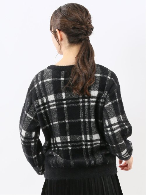 ウォッシャブル フェザーチェック クルーニットプルオーバー