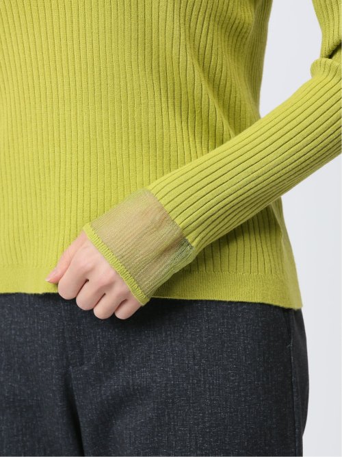 袖口シアー リブ ニットプルオーバー