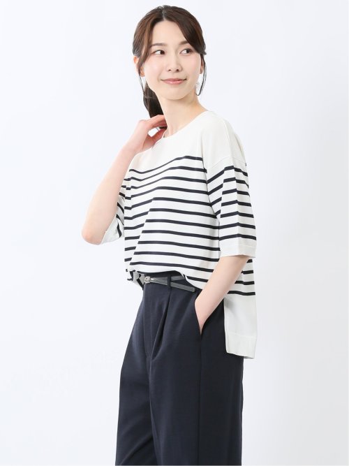 快適機能 ゆるボーダー クルーネック 半袖ニット