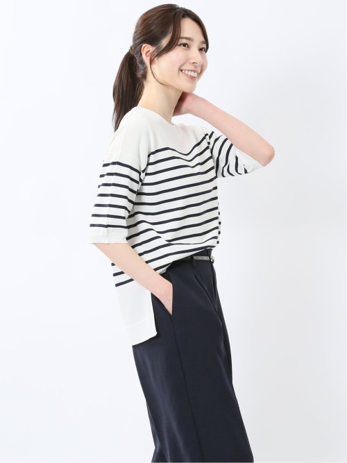 快適機能 ゆるボーダー クルーネック 半袖ニット