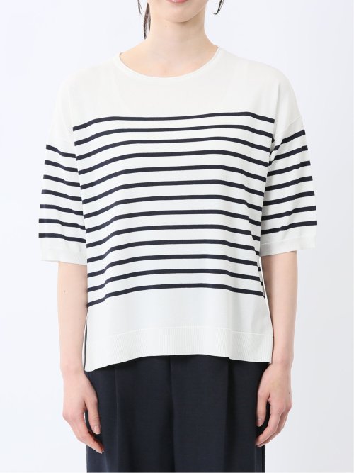 快適機能 ゆるボーダー クルーネック 半袖ニット
