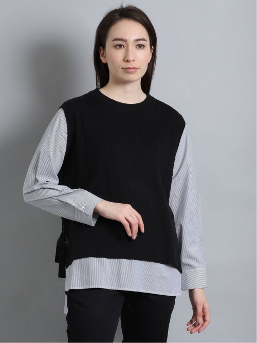 レイヤードシャツレディースニットベスト重ね着風フェイクレイヤード切り替えシャツ長袖リブニットザックリニットトップスプルオーバー秋新作 17激安通販