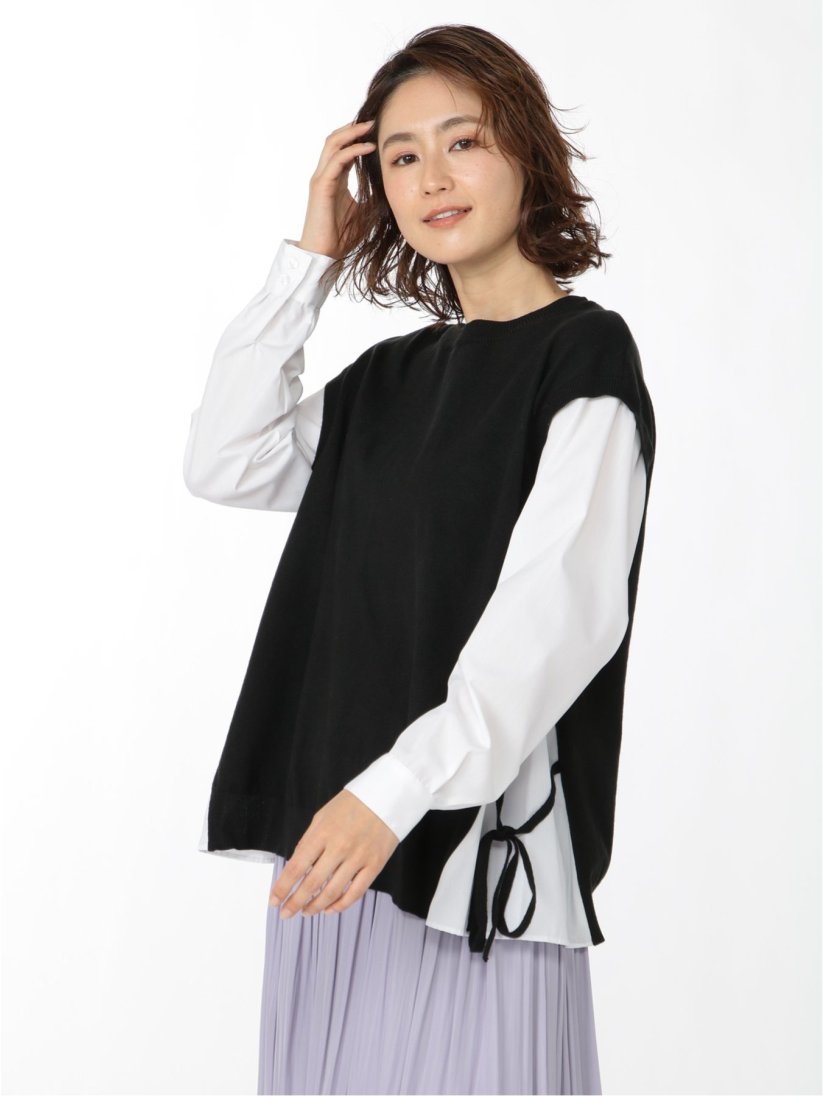 脇リボンニットベスト長袖シャツ フェイクレイヤードプルオーバー(M 05黒): トップス TAKA-Q ONLINE SHOP/タカキューオンラインショップ【公式通販】 レイヤードプルオーバー