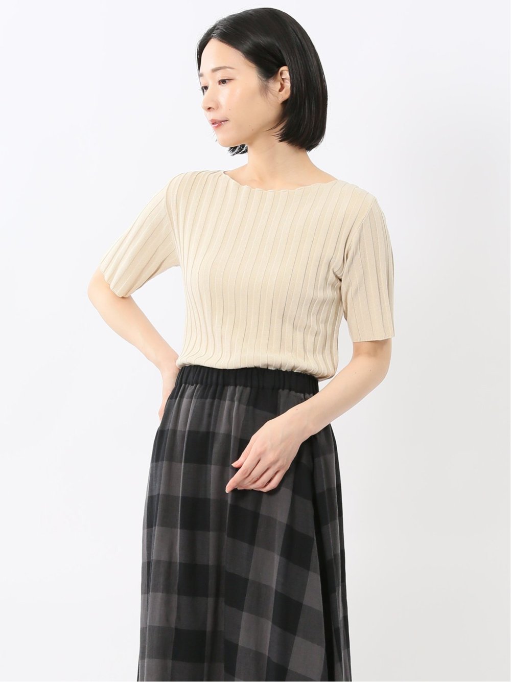 快適機能 ワイドリブ クルーネック 半袖ニット