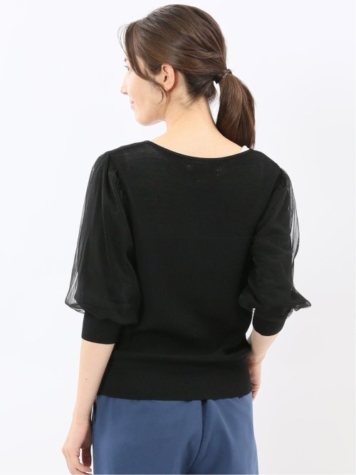 ハンドウォッシャブル 袖チュール ニットプルオーバー