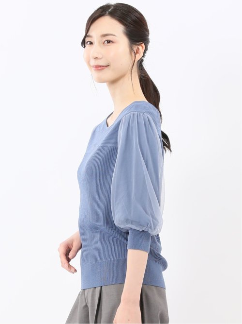 ハンドウォッシャブル 袖チュール ニットプルオーバー