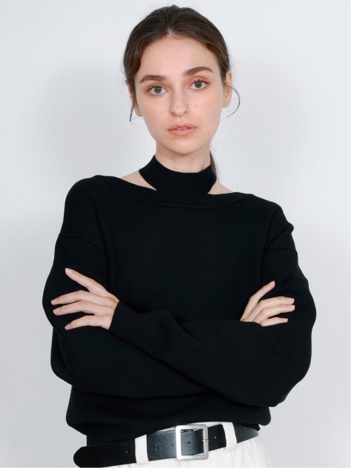 ドロー/DRAW チョーカー風リボン クルーニット(M 05黒): トップス