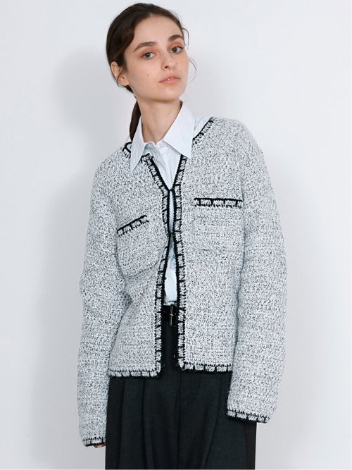 Contrast Trim Cardigan / ツイード風ニットカーディガン（バイカラーステッチ）