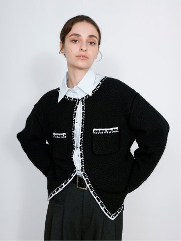 Contrast Trim Cardigan / ツイード風ニットカーディガン（バイカラーステッチ）